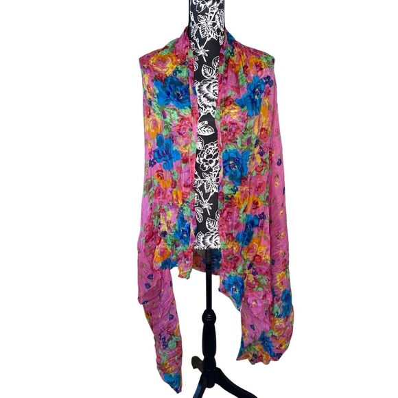Pink Floral Crinkle Lightweight Sheer Scarf Vibrant Multicolor Shawl Wrap - Picture 5 of 8